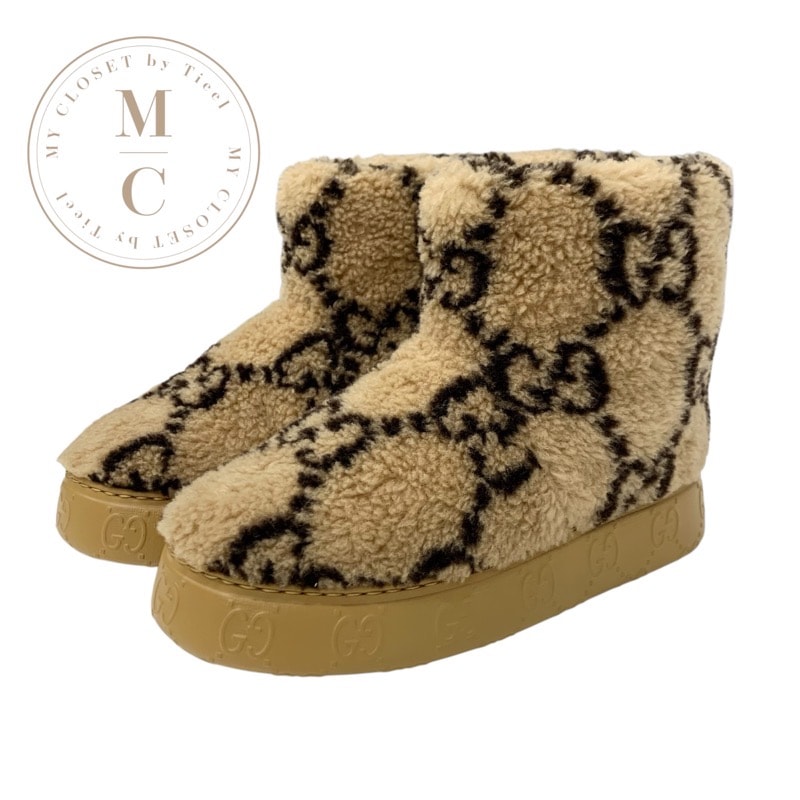 グッチ GUCCI ブーツ ショートブーツ 靴 シューズ ムートン ブラウン GGシグネチャー ボア 未使用