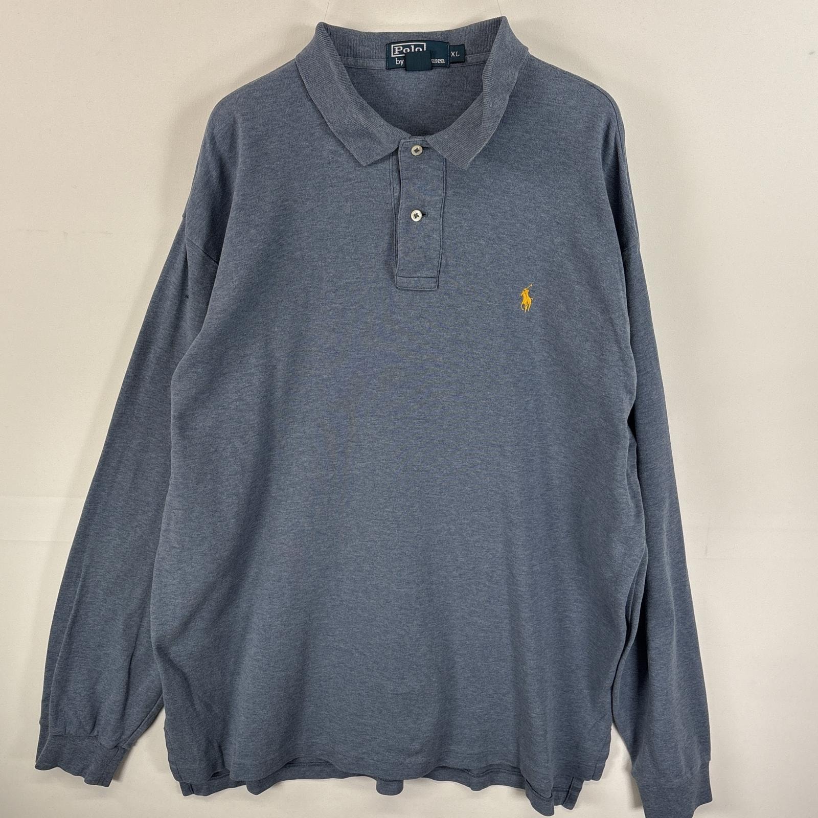 古着 90's/90年代 ポロバイラルフローレン Polo by Ralph Lauren 長袖 ポロシャツ ワンポインロゴ 刺繍 2ボタン 大きいサイズ XL  ブルー系 無地 メンズ