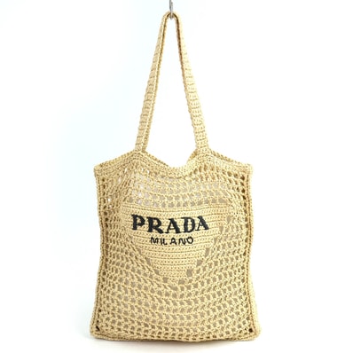 美品 プラダ トライアングルロゴ ラフィア クロシェ トートバッグ 1BG393