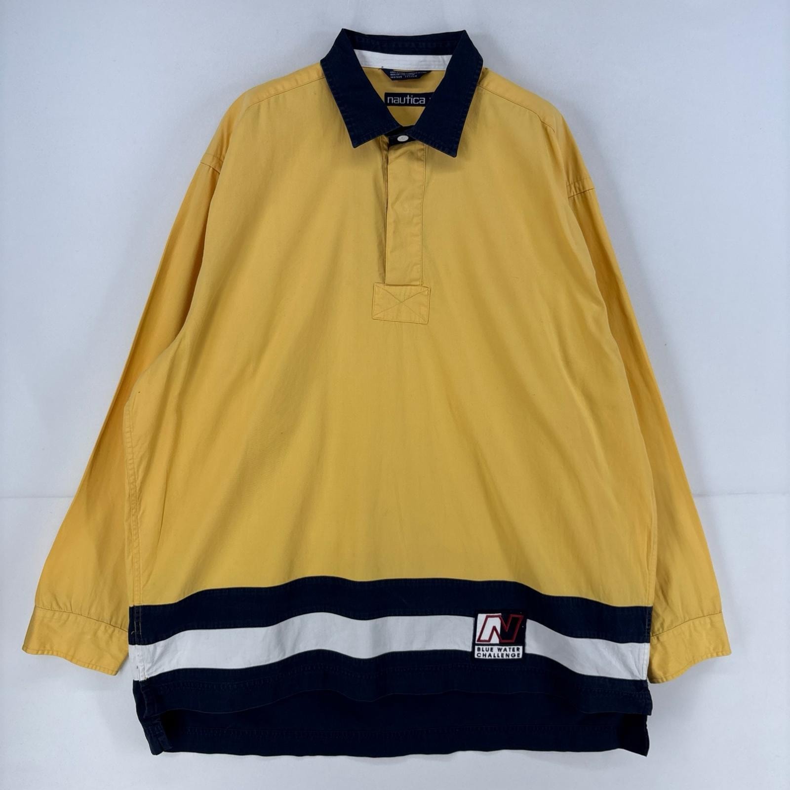 古着 90's/90年代 ノーティカ NAUTICA 長袖シャツ ロゴ ハーフボタン ワッペン プルオーバー ラガーシャツ XL  イエロー系 メンズ