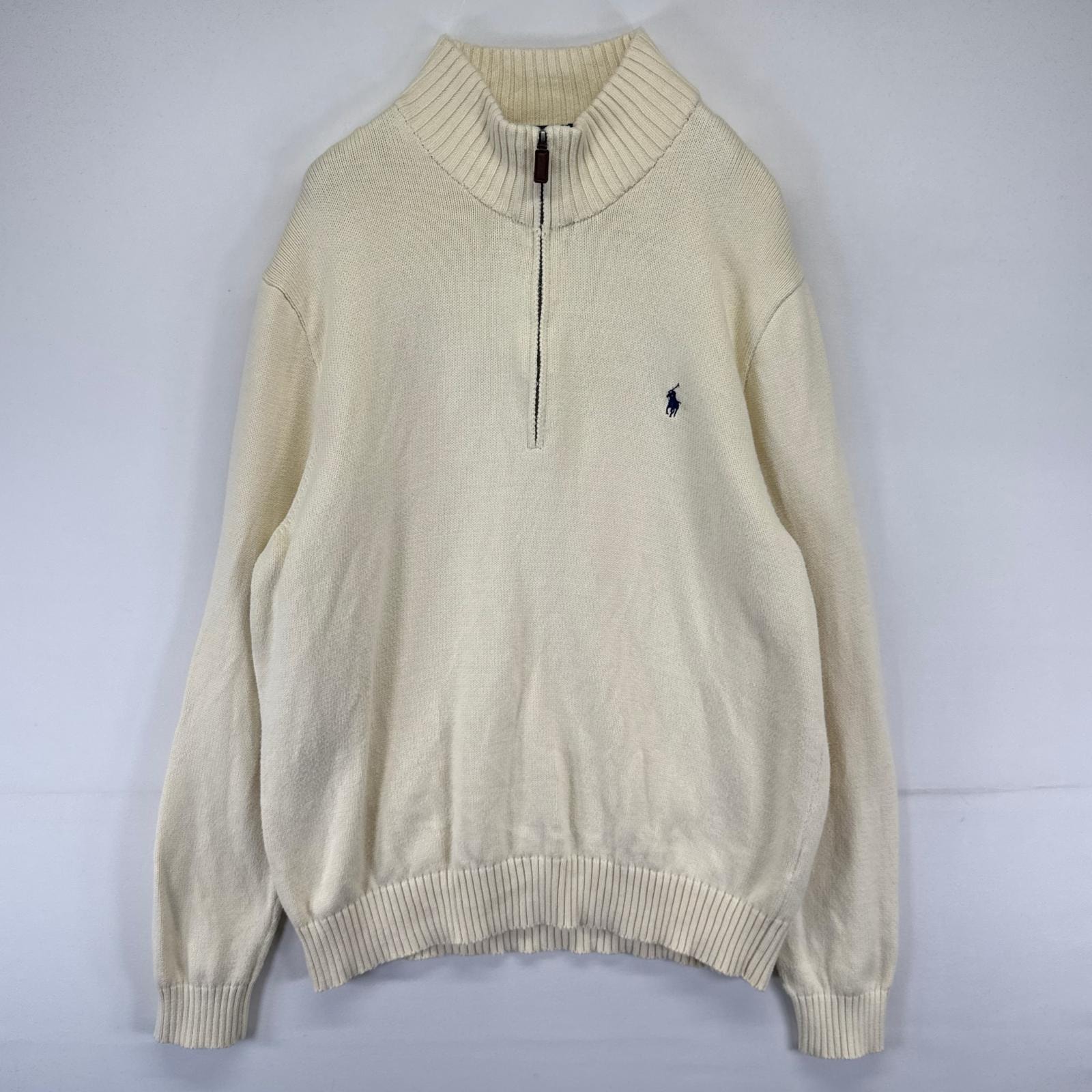 古着 ポロ・ラルフローレン POLO RALPH LAUREN ニット ハーフジップ ワンポイントロゴ刺繍 プルオーバー 2XL  ベージュ系 メンズ