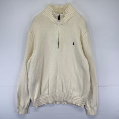 古着 ポロ・ラルフローレン POLO RALPH LAUREN ニット ハーフジップ ワンポイントロゴ刺繍 プルオーバー 2XL ベージュ系 メンズ