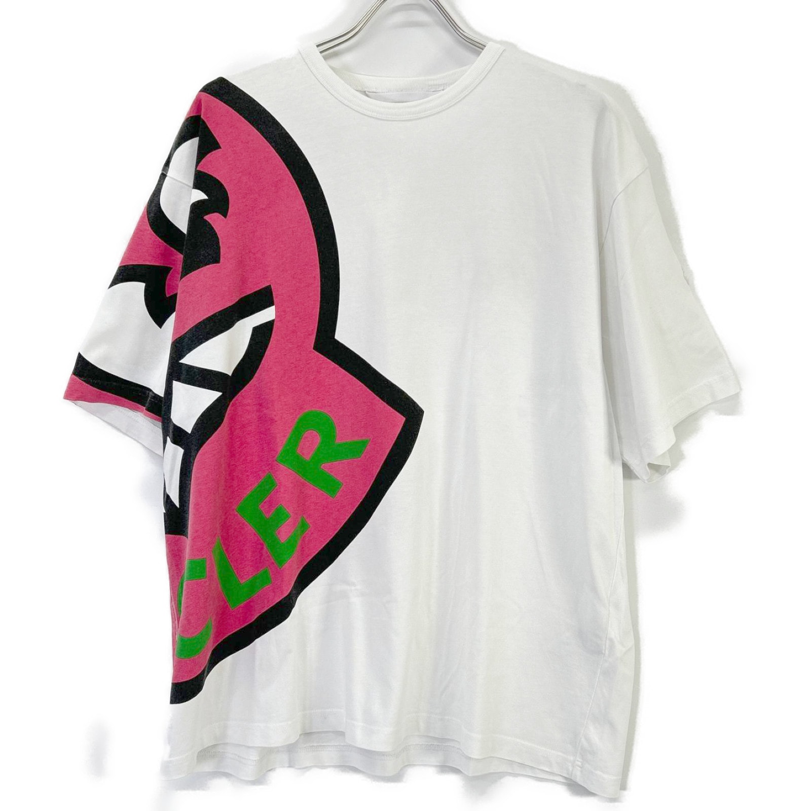 モンクレール 22SS T-SHIRT SS ホワイト×ピンク コットンラージロゴプリント ショートスリーブカットソー M