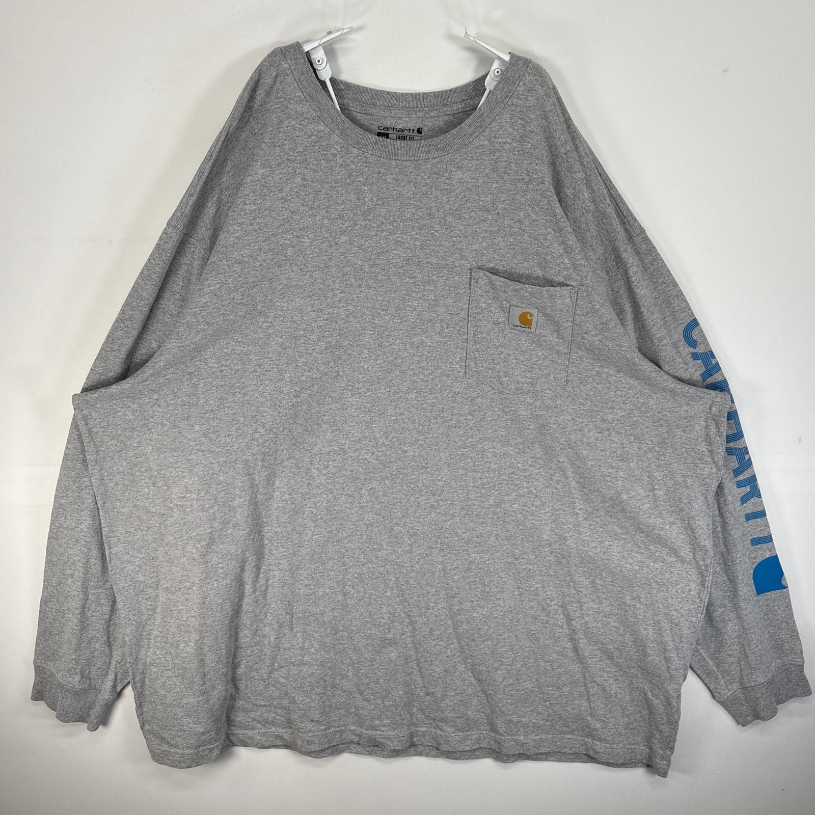 古着 カーハート Carhartt 長袖Tシャツ 大きいサイズ 肉厚 ワンポイント ロゴ 胸ポケ 4XL  グレー 袖プリント メンズ
