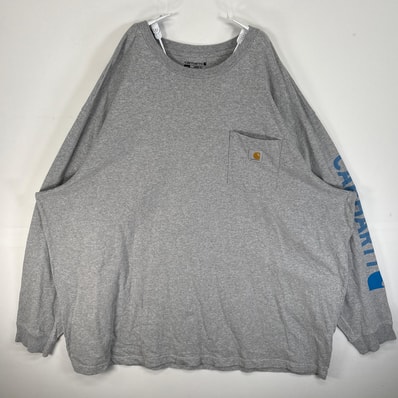 古着 カーハート Carhartt 長袖Tシャツ 大きいサイズ 肉厚 ワンポイント ロゴ 胸ポケ 4XL グレー 袖プリント メンズ