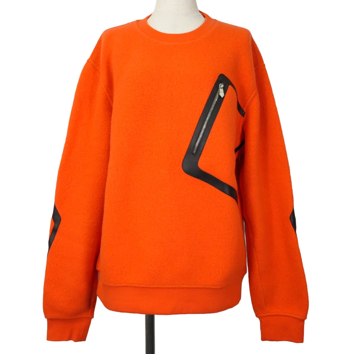 2022年秋冬 HERMES エルメス スウェット メンズ 長袖 トレーナー フロント ポケット オレンジ/黒 (ブラック) ウール/カシミヤ/レザー #M シルバー金具 新品未使用
