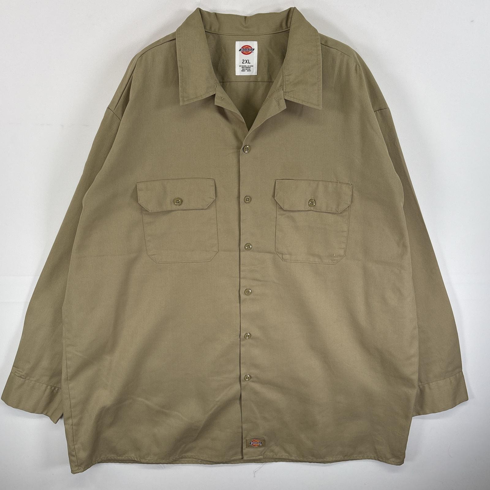 古着 ディッキーズ Dickies 長袖シャツ フラップポケ ワークシャツ 大きいサイズ 2XL  ベージュ系 無地 メンズ