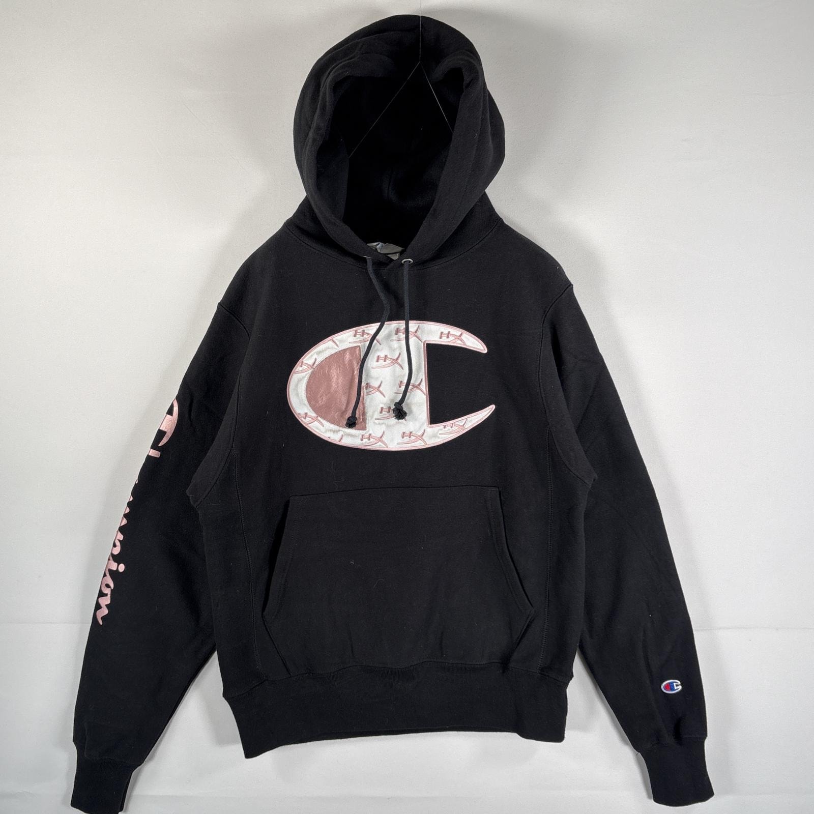 古着 チャンピオン Champion パーカー リバースウィーブ 復刻 ブランドロゴ 袖プリント ヘビーウェイト SMALL(JPN L) ブラック メンズ