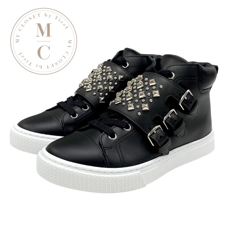 エルメス HERMES ハンキー スニーカー 靴 シューズ レザー ブラック 黒 シルバー 未使用 スタッズ ハイカットスニーカー