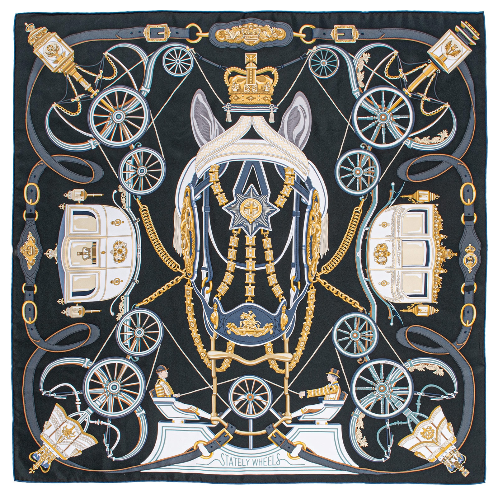 HERMES エルメス スカーフ カレ90 Stately Wheels ステイトリー・ホイールズ ソルド品 004163S 05 2024AW シルク カーキ ホワイト【中古】