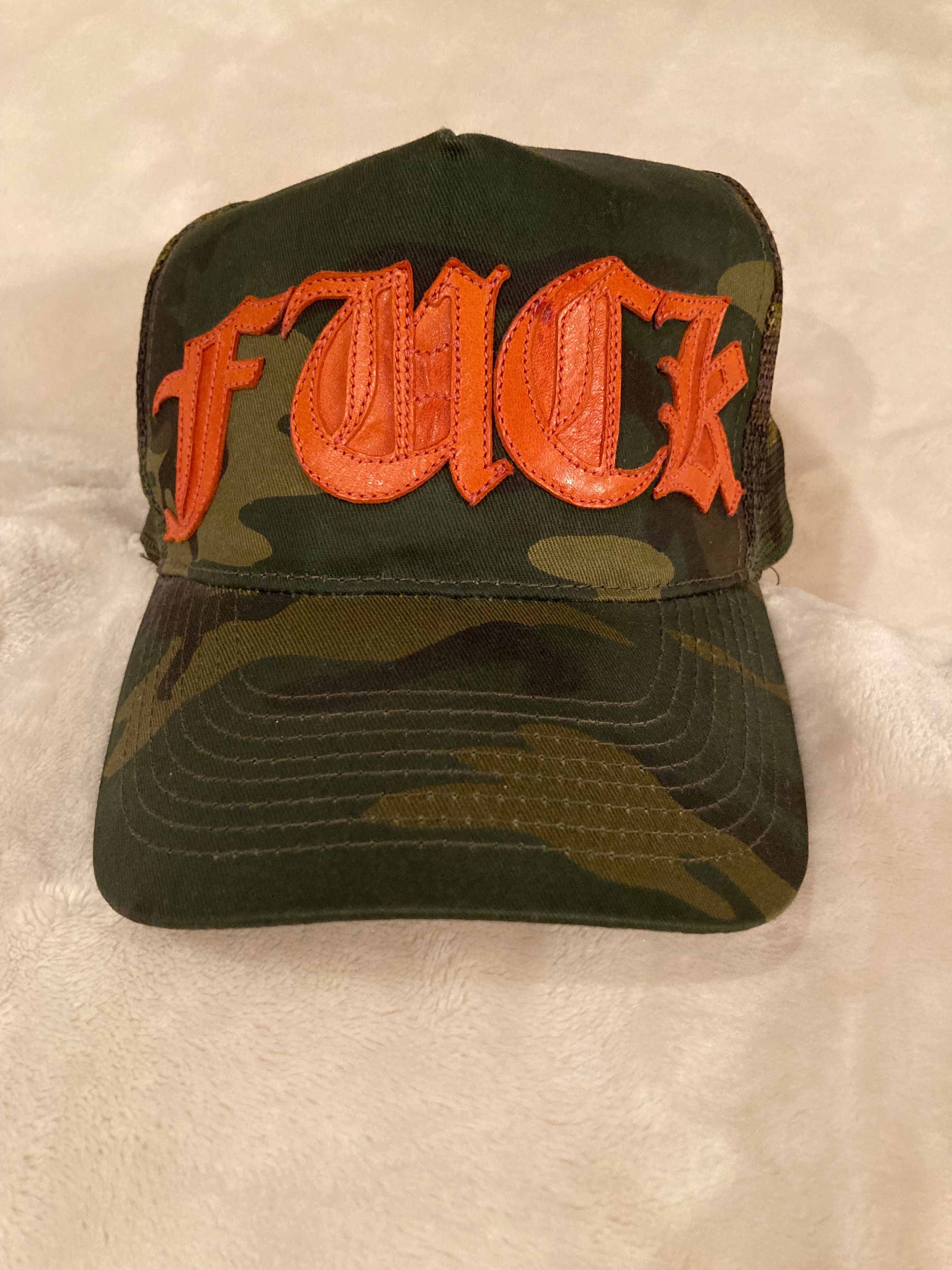 Chrome Hearts Trucker Cap Fuck Leather Patch Cross Ball Camouflage "Khaki/Orange"