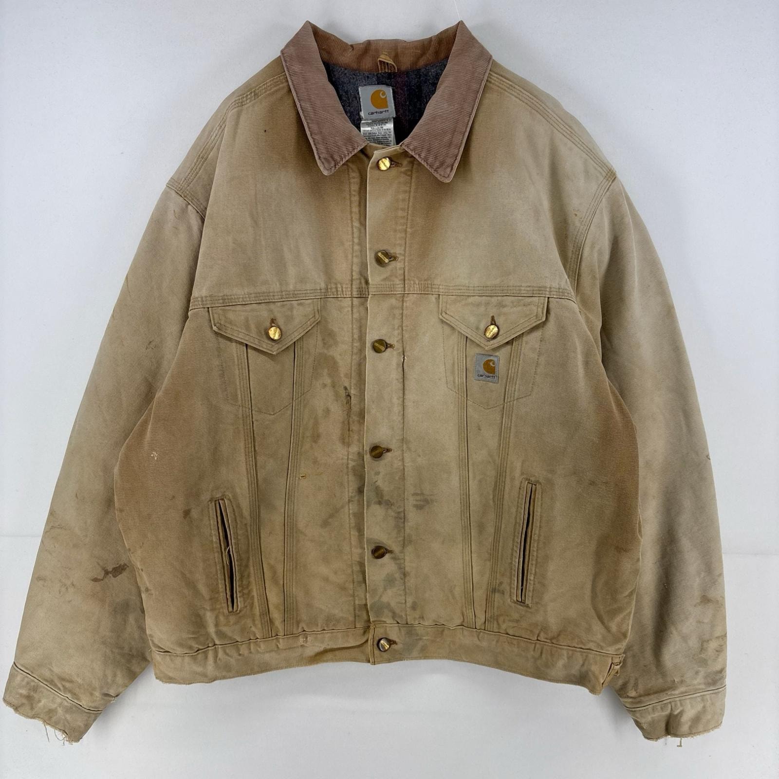 古着 カーハート Carhartt USA製 ダック ジャケット ワンポイント ブランケットライナー トラッカージャケット 2XL ベージュ メンズ