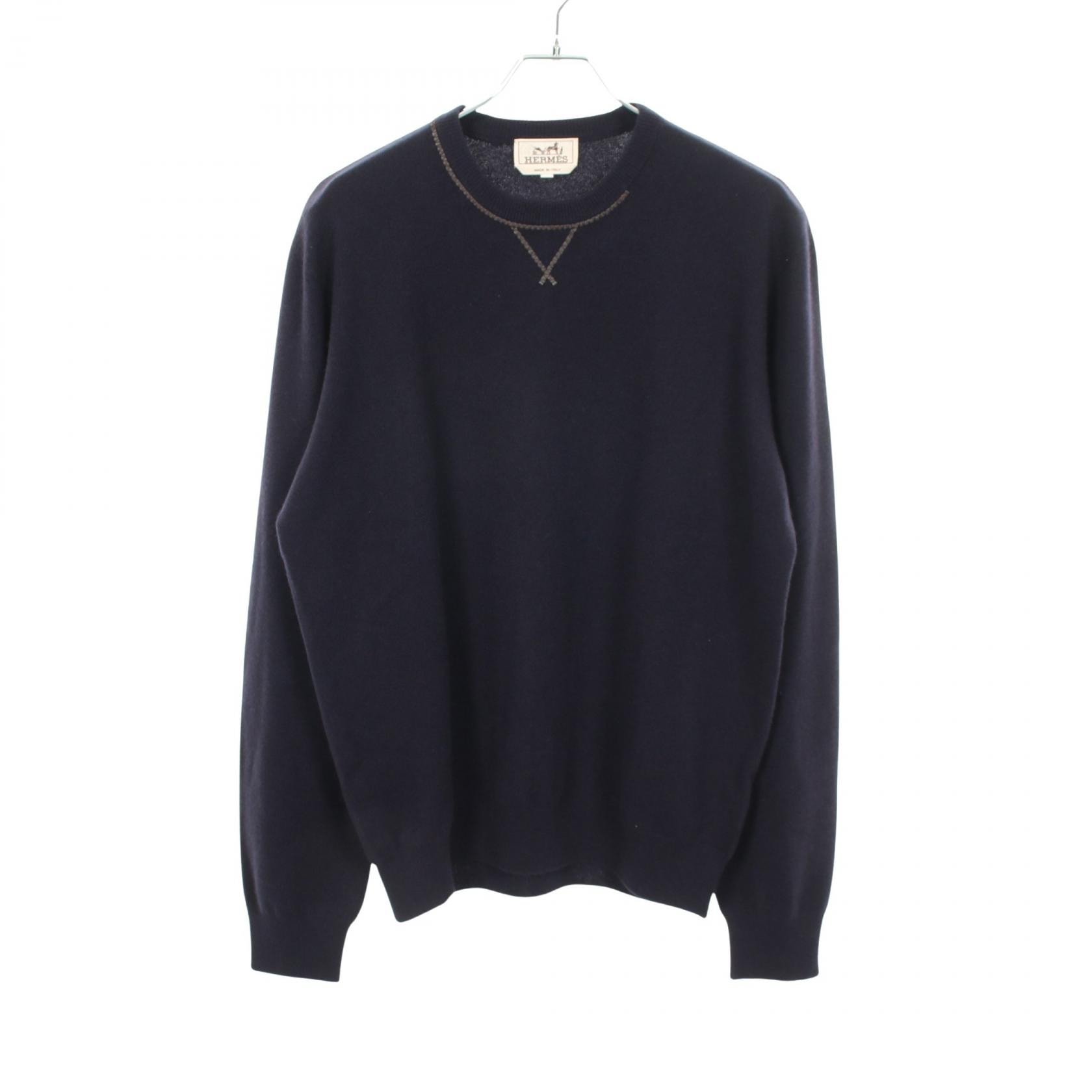エルメス HERMES レザーステッチ クルーネック ニット 衣料品 トップス カシミヤ メンズ ネイビー系 【中古】