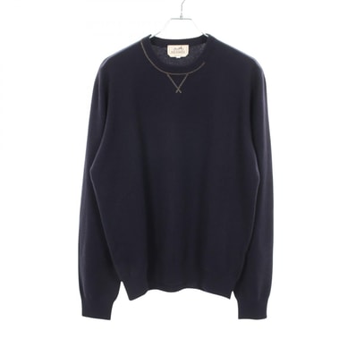 エルメス HERMES レザーステッチ クルーネック ニット 衣料品 トップス カシミヤ メンズ ネイビー系 【中古】