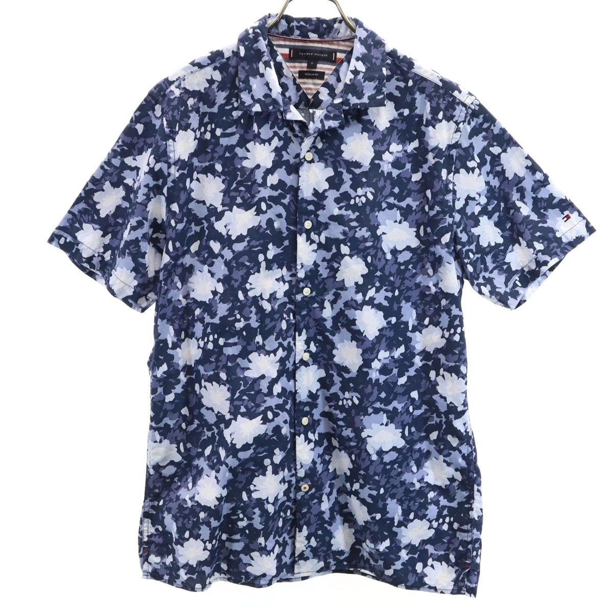 TOMMY HILFIGER トミーヒルフィガー 総柄 半袖 オープンカラーシャツ M ネイビー