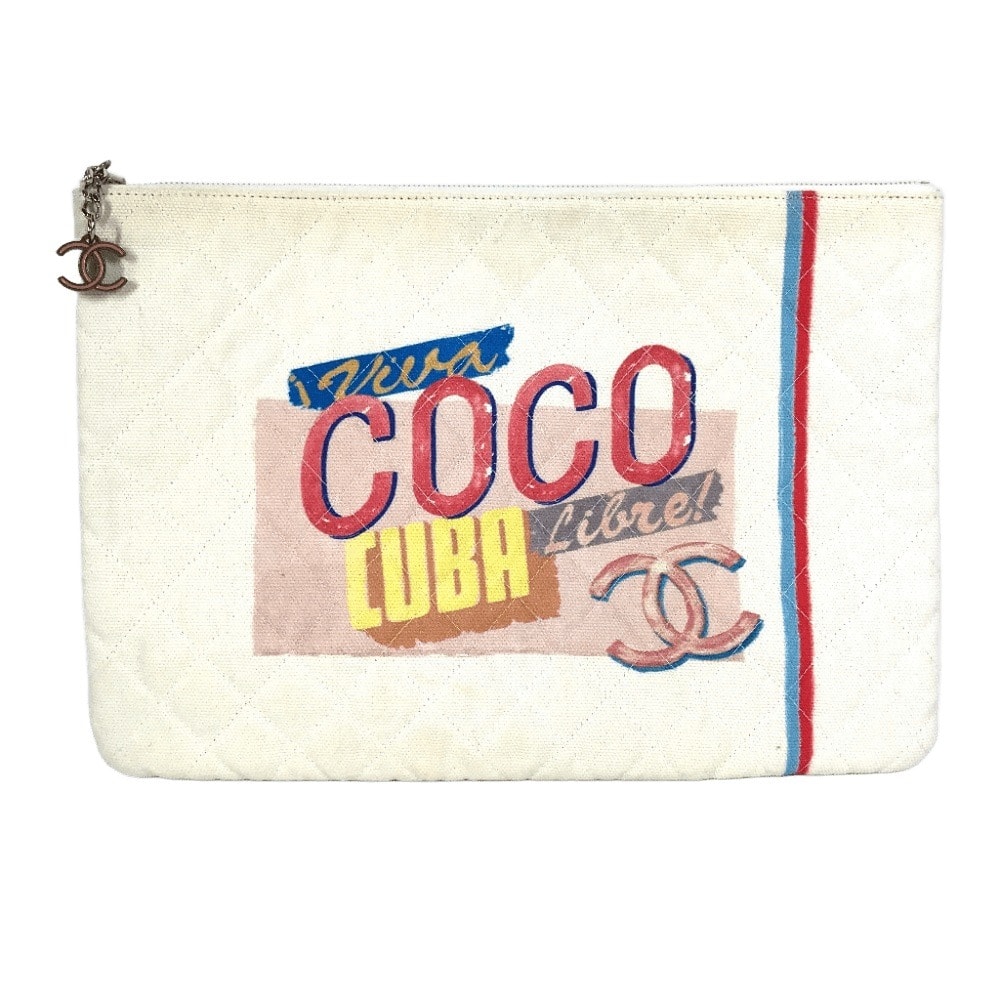 シャネル CHANEL COCO ココ ロゴ ポーチ カバン クラッチバッグ キャンバス ホワイト