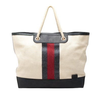 グッチ シェリーライン トートバッグ 281910 ネイビー アイボリー キャンバス レザー レディース GUCCI 【中古】