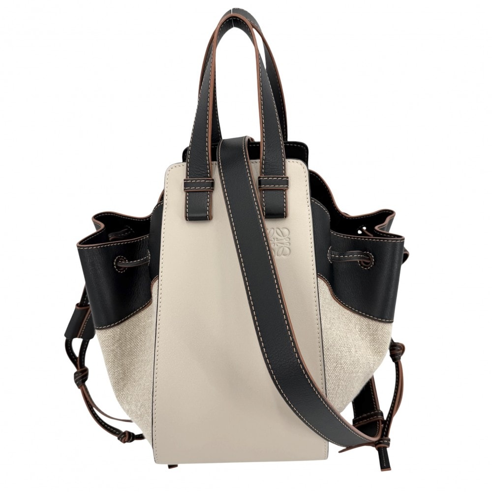 LOEWE ロエベ 2WAY アナグラム ハンモックバッグ ショルダーバッグ ハンドバッグ 肩掛け 斜め掛け トートバッグ ドローストリング レザー キャンバス ベージュ ブラック 黒 シルバー金具 レディース【中古品】