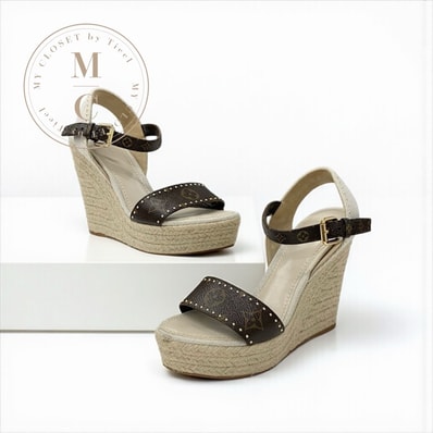 ルイヴィトン LOUIS VUITTON コーストライン モノグラム サンダル 靴 シューズ レザー キャンバス ブラウン ベージュ ゴールド ウェッジソール ストラップ