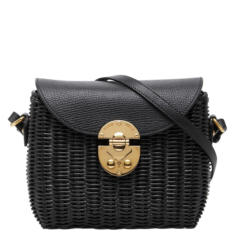 ミュウミュウ 斜め掛け ショルダーバッグ ブラック レザー ウィッカー レディース MIUMIU 【中古】
