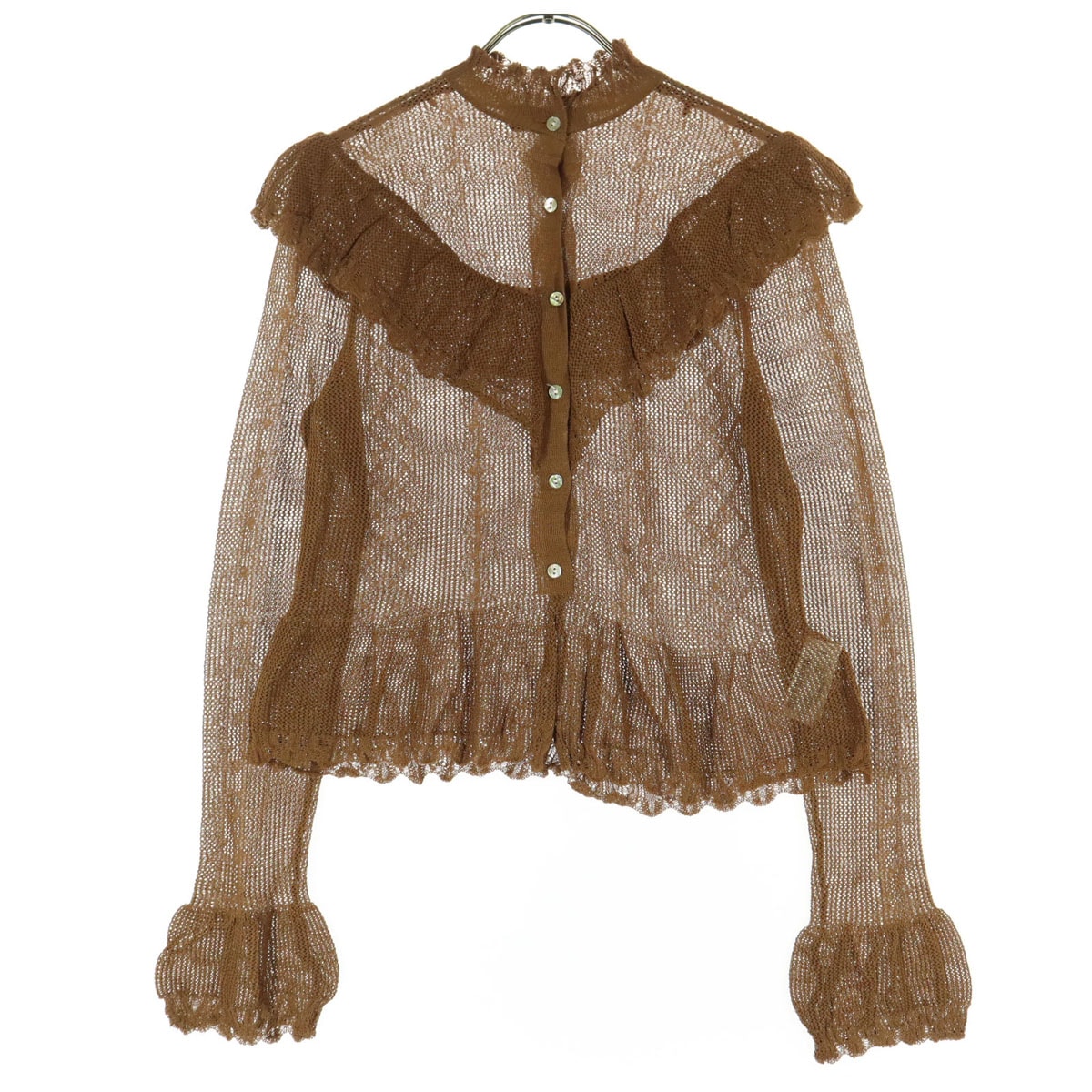 美品 ZARA ザラ 長袖 フリル 鍵編み ニットカーディガン S ブラウン系