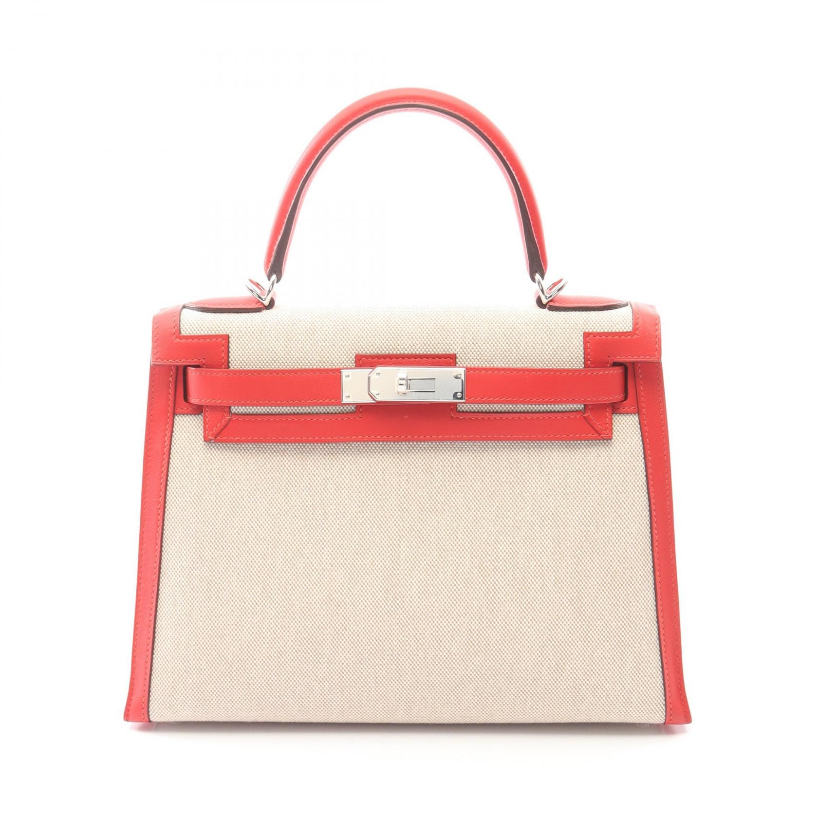 エルメス HERMES ケリー28 ハンドバッグ バッグ キャンバス レザー トワルアッシュ / ヴォースイフト トワルアッシュ エクリュ D刻印(2019年製造) レディース ベージュ系 / レッド系 【中古】