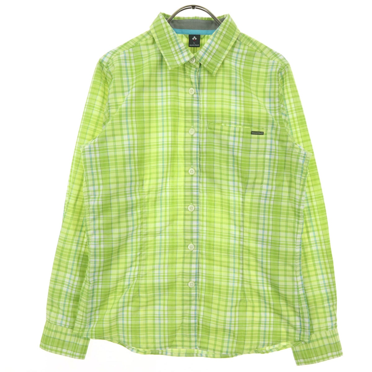 美品 mont-bell モンベル チェック柄 長袖 シャツ L ライトグリーン