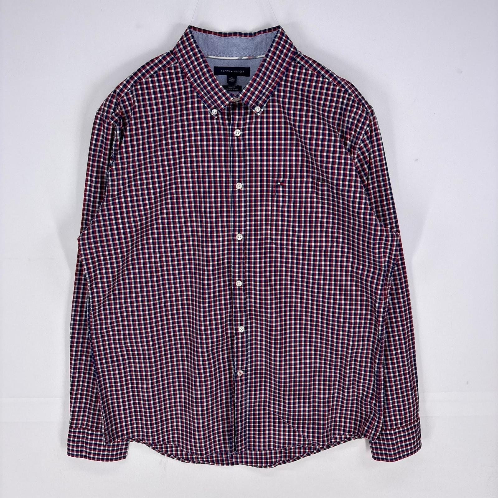 古着 トミーヒルフィガー TOMMY HILFIGER 長袖シャツ ボタンダウン 胸ポケット ロングスリーブ XL  レッド系 チェック メンズ