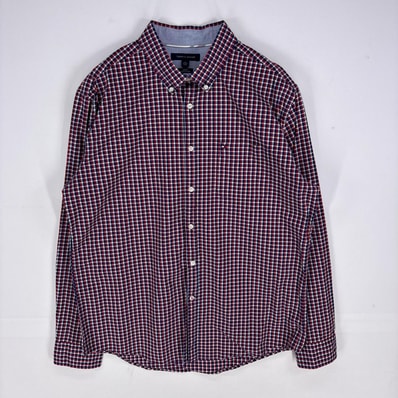 古着 トミーヒルフィガー TOMMY HILFIGER 長袖シャツ ボタンダウン 胸ポケット ロングスリーブ XL レッド系 チェック メンズ