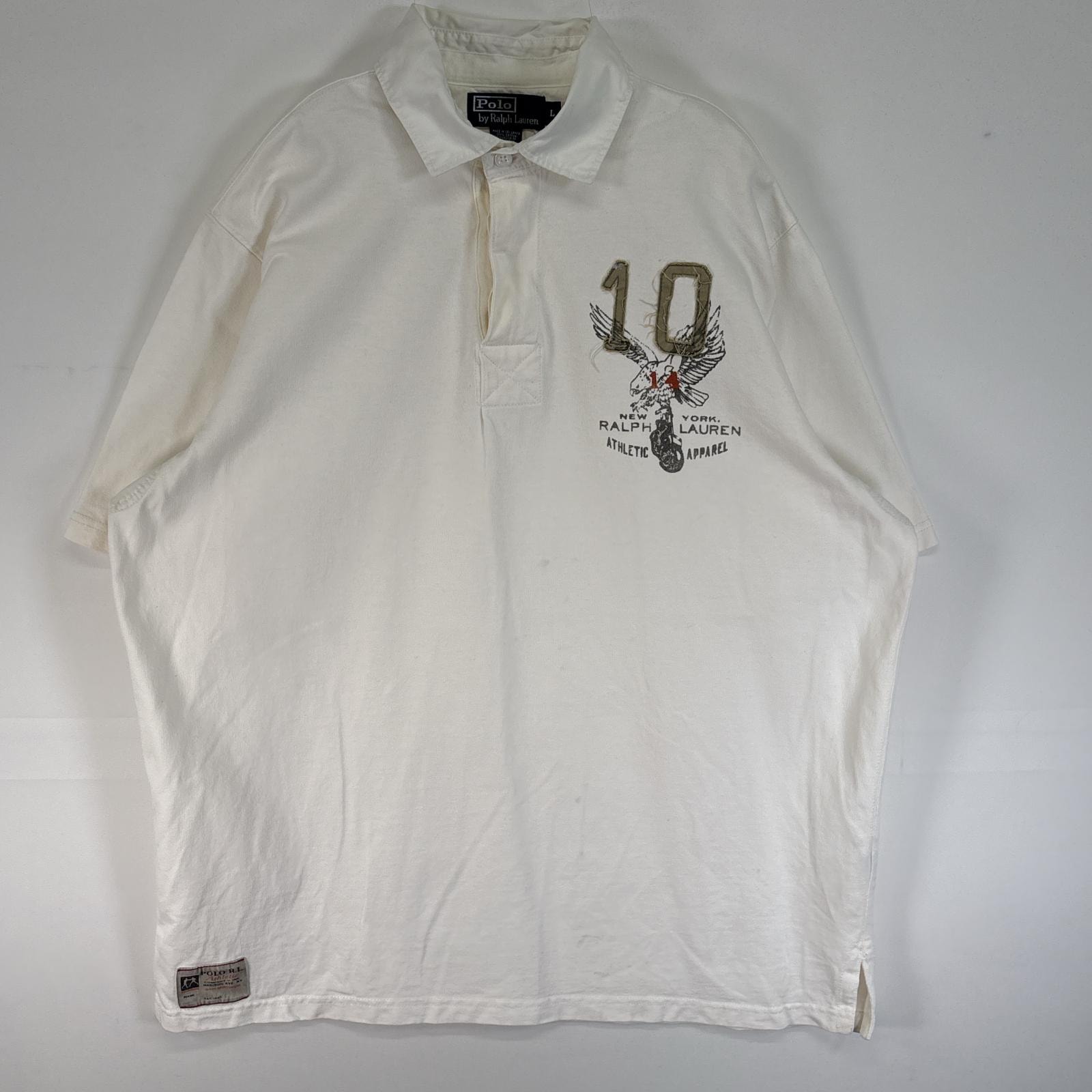 古着 90's/90年代 ポロバイラルフローレン Polo by Ralph Lauren 半袖 ラガーシャツ 3ボタン ロゴ ワッペン 肉厚 L  ホワイト 無地 メンズ