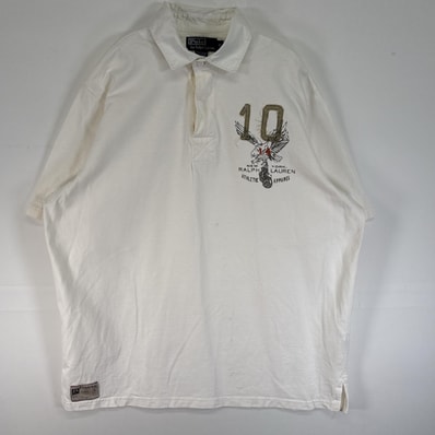 古着 90's/90年代 ポロバイラルフローレン Polo by Ralph Lauren 半袖 ラガーシャツ 3ボタン ロゴ ワッペン 肉厚 L ホワイト 無地 メンズ