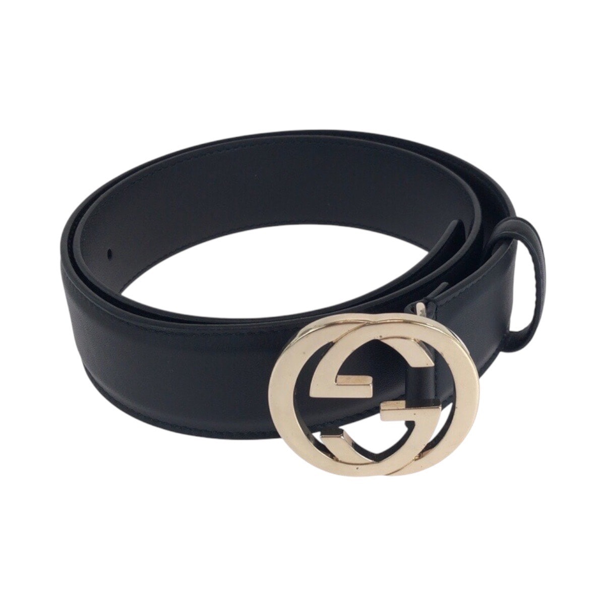 美品 GUCCI グッチ インターロッキング 75cm/30インチ ブラック 黒 ゴールド金具 レザー ベルト 男女兼用 503446 【中古】