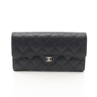 シャネル CHANEL マトラッセ 二つ折り長財布 財布 カーフ(牛革) レディース ブラック系 【中古】