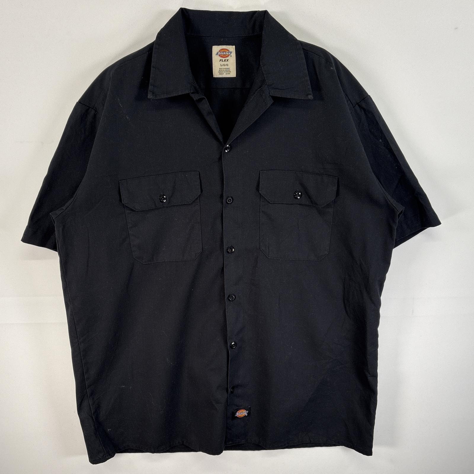 古着 ディッキーズ Dickies 半袖シャツ ワークシャツ フラップポケ ワンポイント ロゴ L ブラック 無地 メンズ