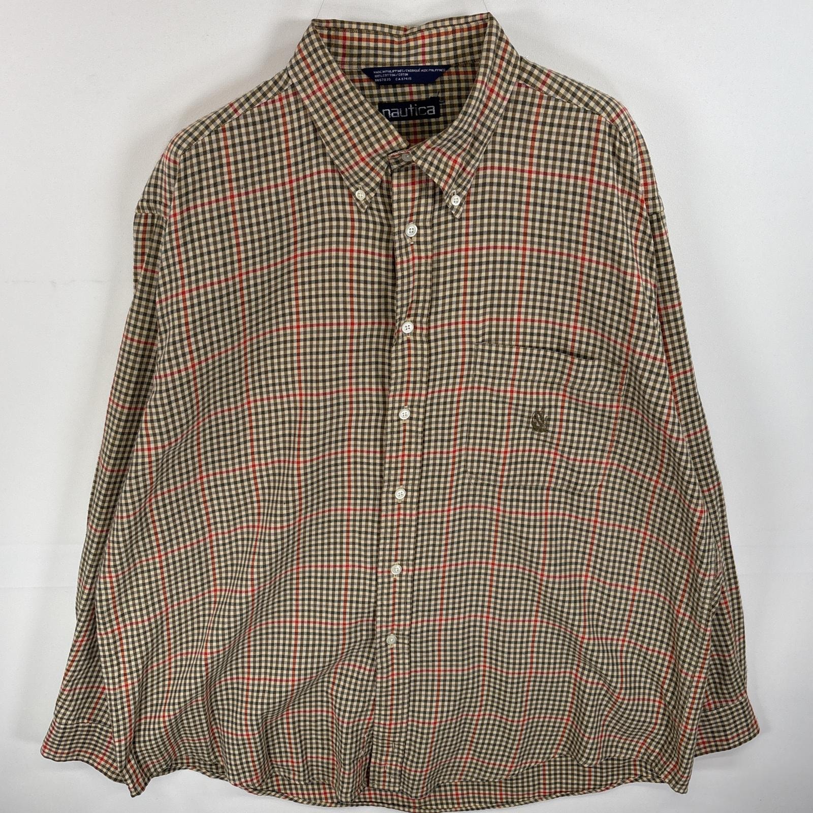 古着 90's/90年代 ノーティカ NAUTICA 長袖シャツ ボタンダウンシャツ ワンポイント ロゴ 刺繍 胸ポケ 不明  ベージュ系 チェック メンズ