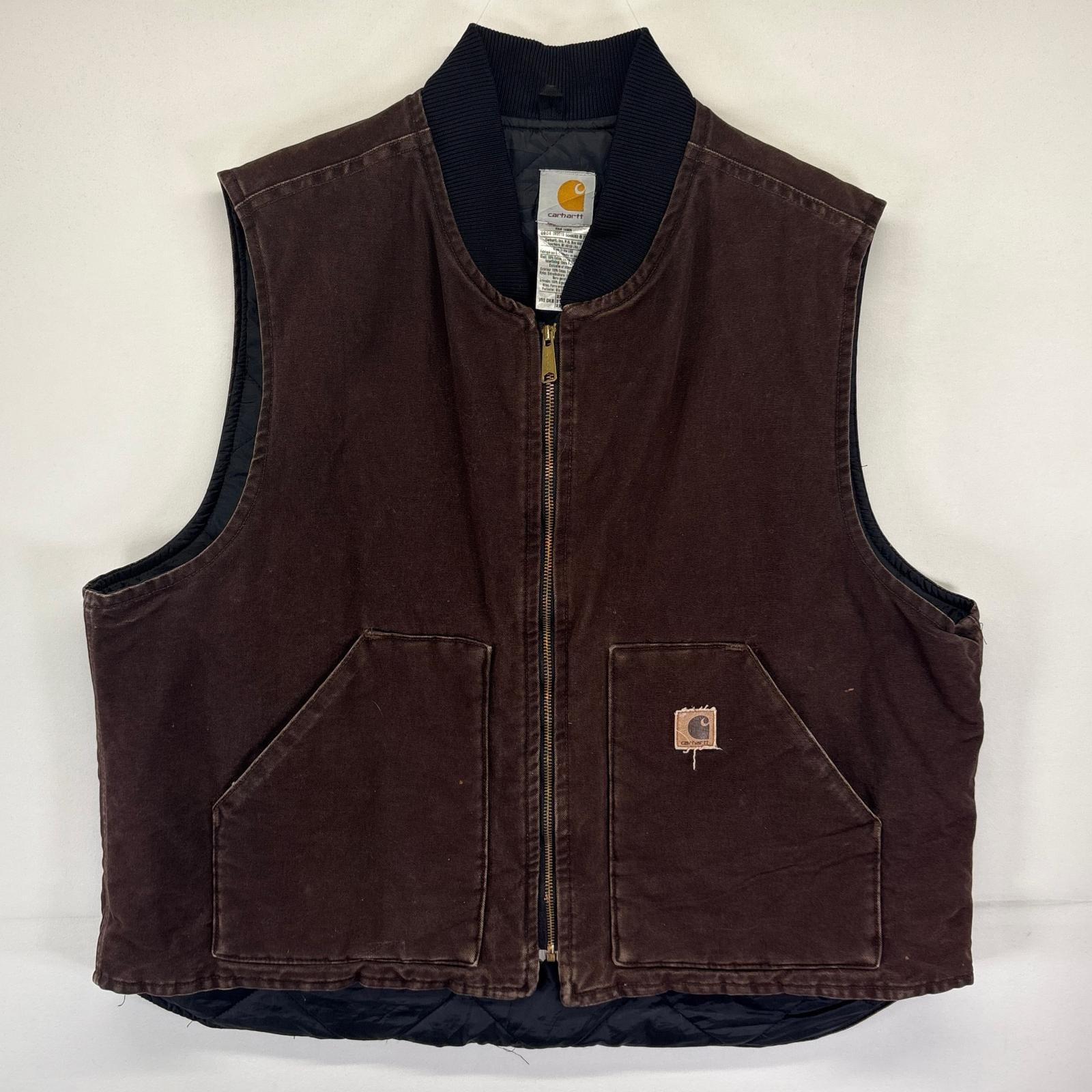 古着 カーハート Carhartt USA製 ベスト ダック ワーク 中綿 裏地キルティング ワンポイントロゴ 大きいサイズ 2XL  ブラウン メンズ