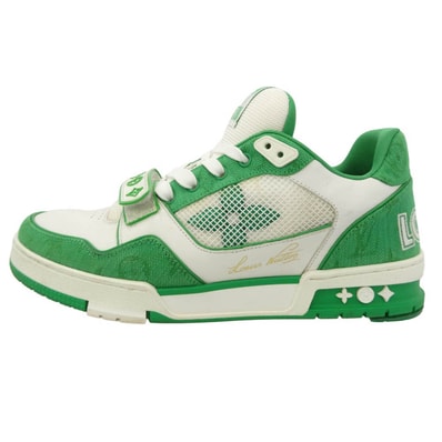 LOUIS VUITTON ルイ・ヴィトン LV トレイナー ライン ロゴ刺繍 ベルクロ スニーカー ホワイト系 グリーン系 8【中古】