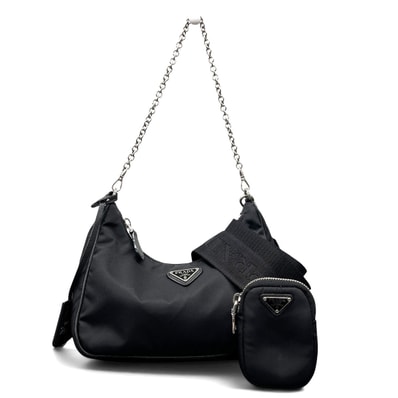 PRADA 極美品 プラダ Re-Edition 2005 リエディション RE-NYLON リナイロン 2way チェーン ショルダーバッグ 1BH204 RFID確認済 ナイロン レザー ブラック トライアングルロゴ 三角プレート Aランク 鑑定済 中古