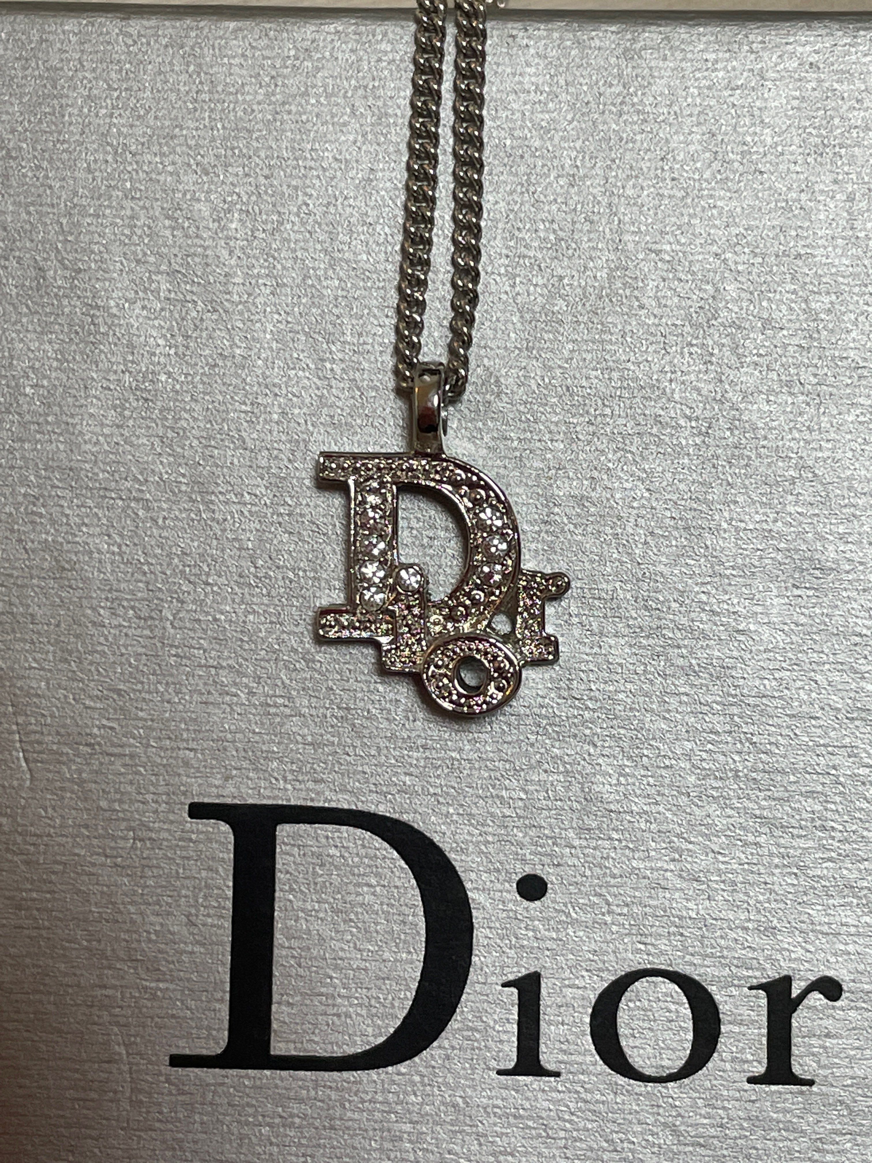 Dior Pendant Necklace Dior Oblique "Silver-Finish Brass and White Crystals"