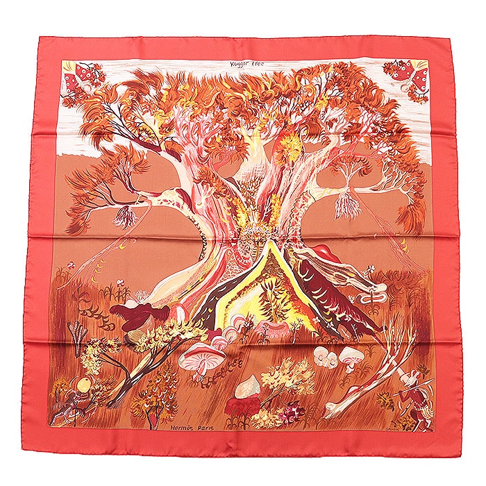 【新品同様】 エルメス カレ90 KUGGOR TREE スカーフ ユニセックス レッド マルチカラー HERMES