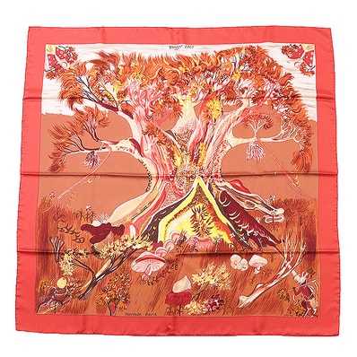 【新品同様】 エルメス カレ90 KUGGOR TREE スカーフ ユニセックス レッド マルチカラー HERMES