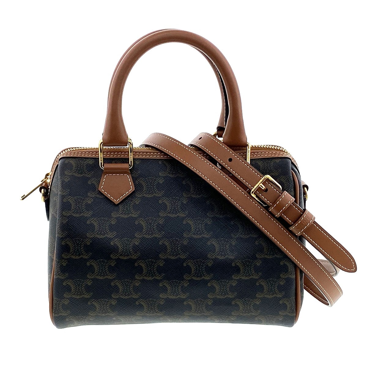 CELINE セリーヌ スモール ボストン トリオンフキャンバス ハンドバッグ 113772CAS.04LU PVC ブラウン タン レディース【中古】