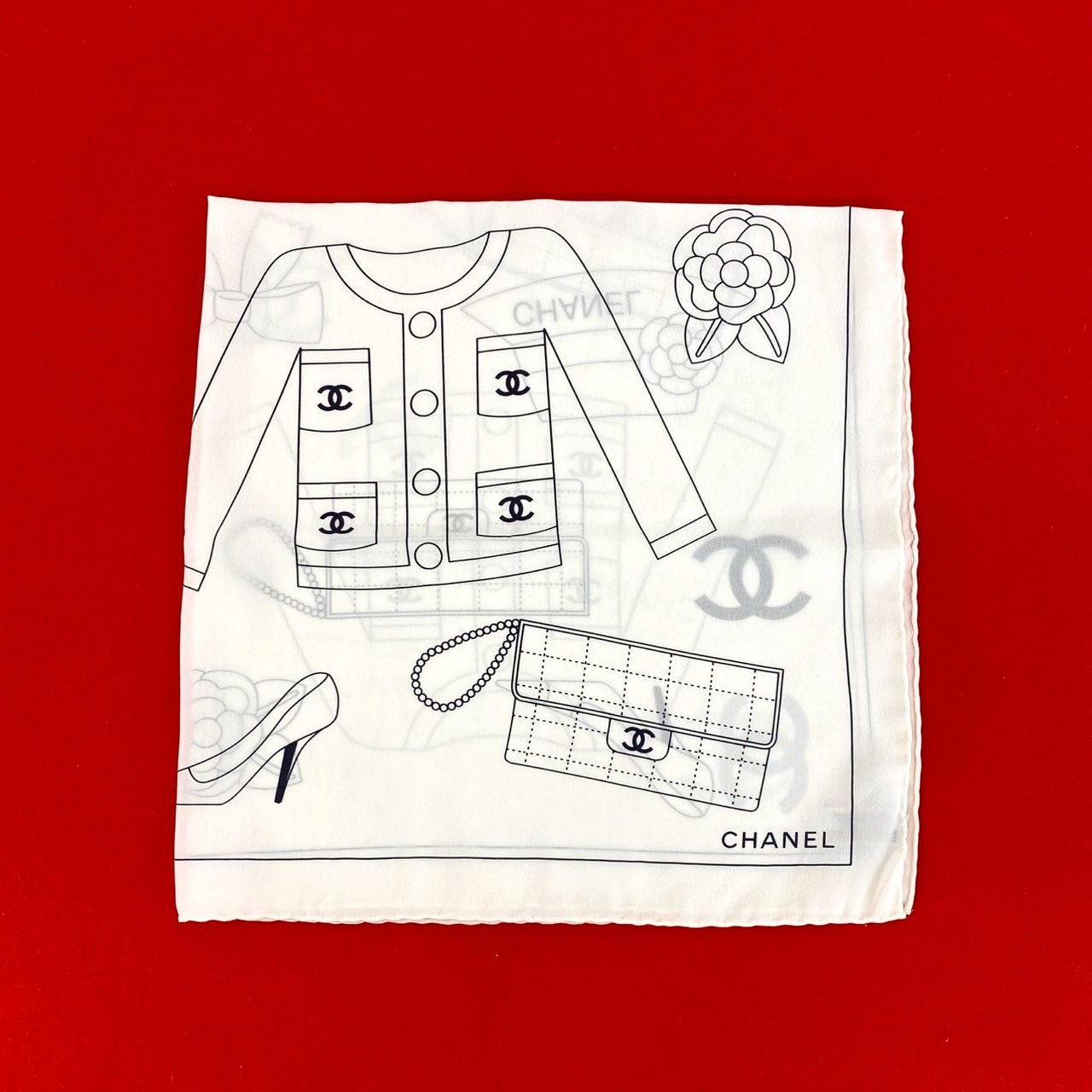 CHANEL シャネル アイコンモチーフ シルク スカーフ ホワイト
 497ch