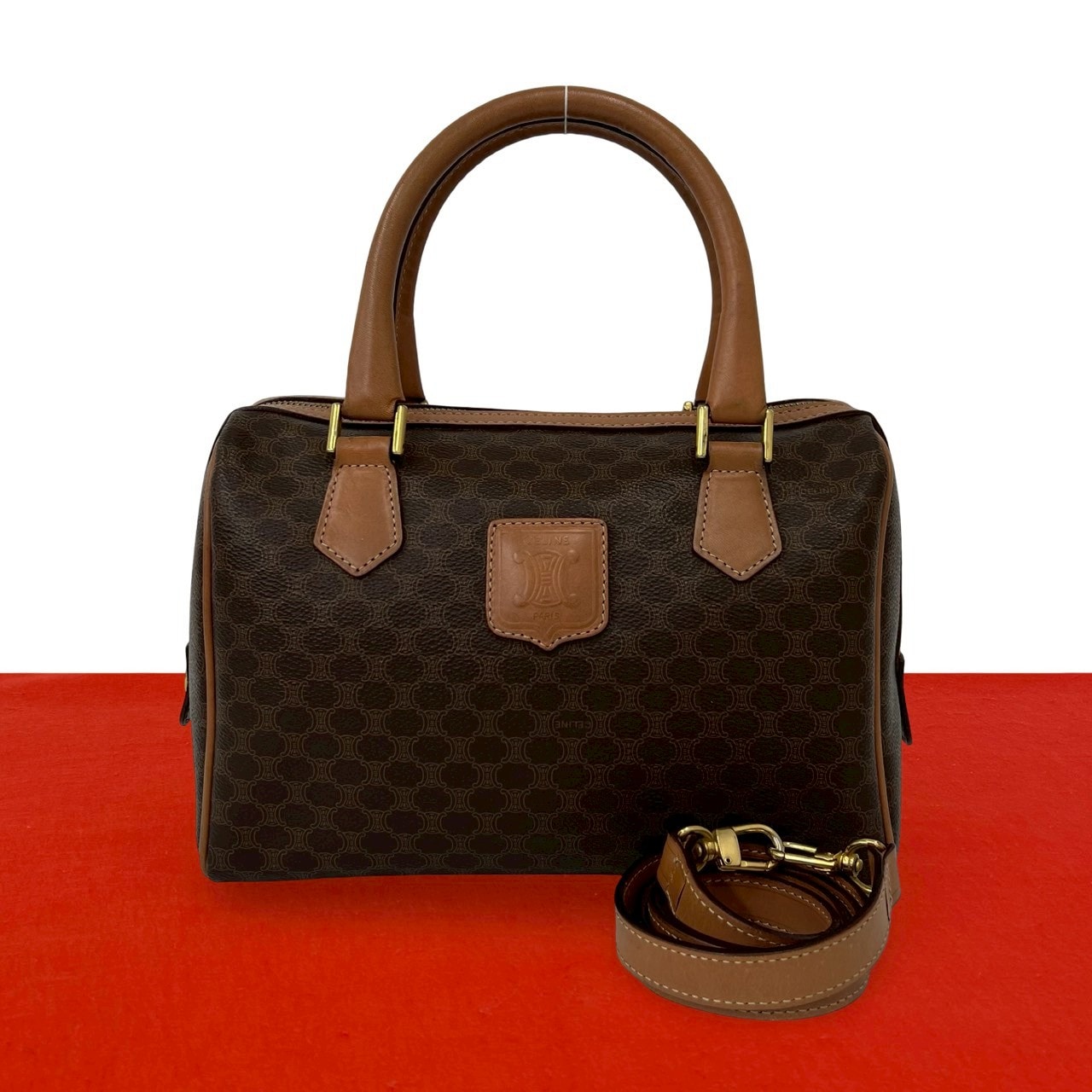 CELINE セリーヌ マカダム ブラゾン トリオンフ 柄 レザー PVC ショルダーバッグ ブラウン
 30149