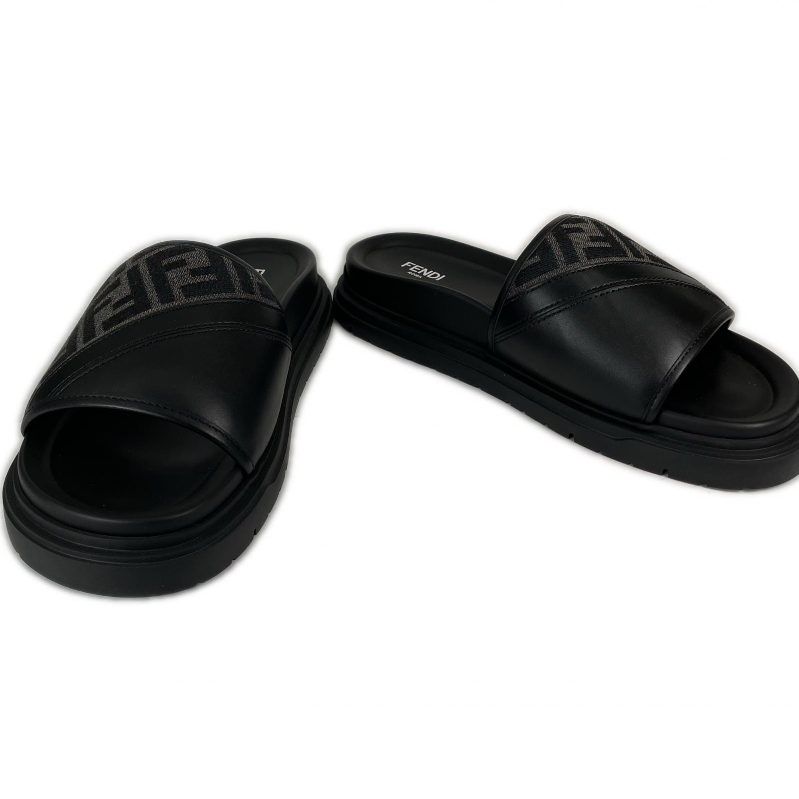 美品 FENDI フェンディ ダイアゴナル FFジャカード 7X1674 サンダル レザー ブラック メンズ 29 10【古着】【中古】