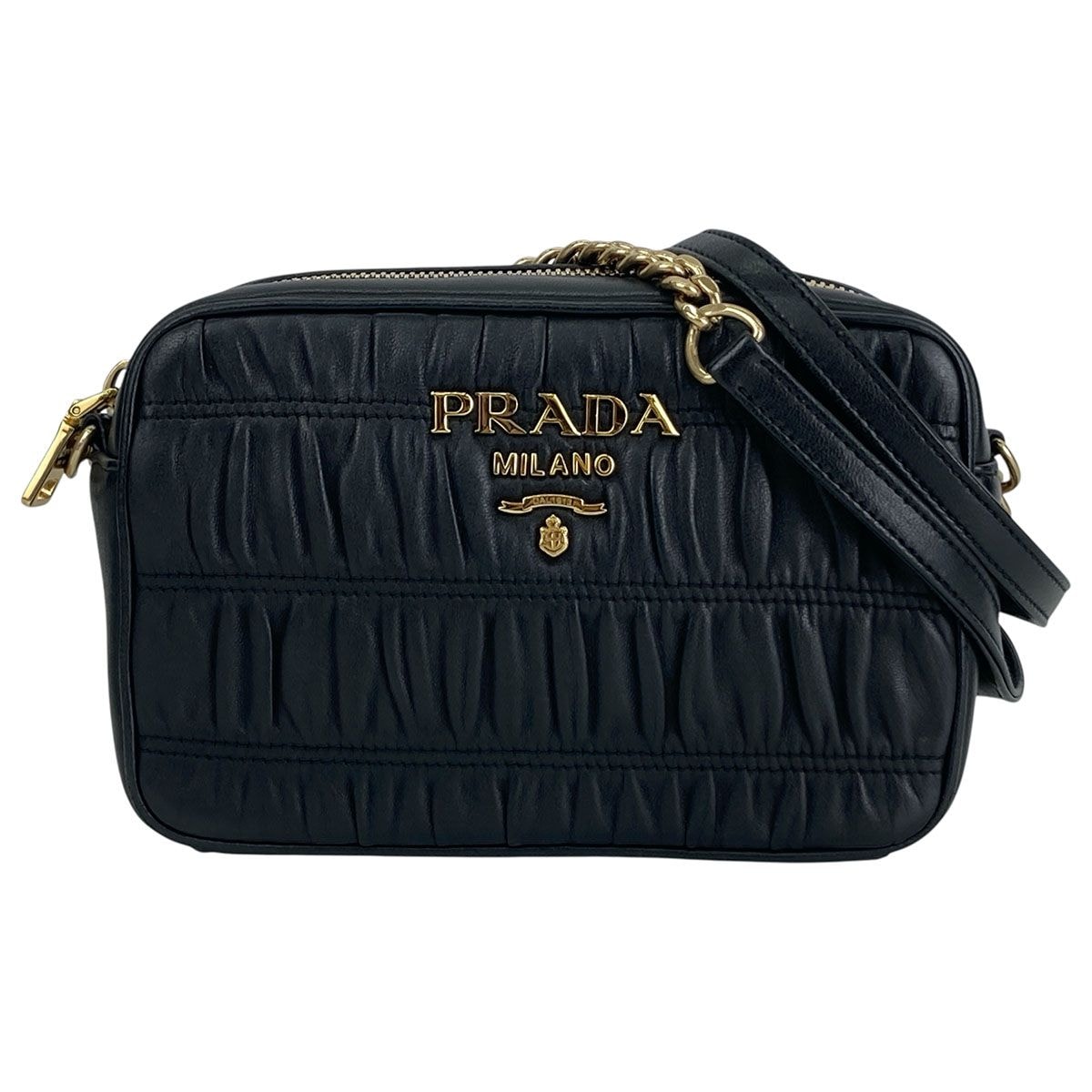 PRADA プラダ ナッパ ゴーフル NAPPA GAUFRE ギャザー チェーンショルダーバッグ ショルダーバッグ 1BH112 ラムスキン ブラック ゴールド  レディース【中古】