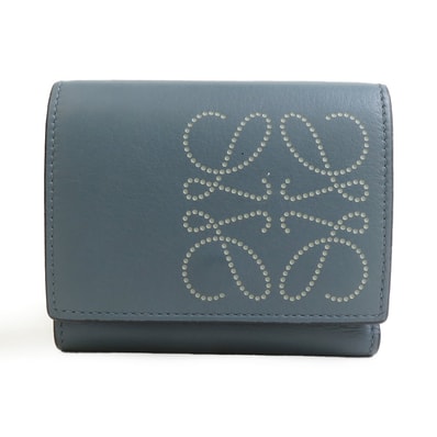 ロエベ LOEWE 三つ折り財布 アナグラム レザー グレー系ブルー ユニセックス【中古】 r11456b