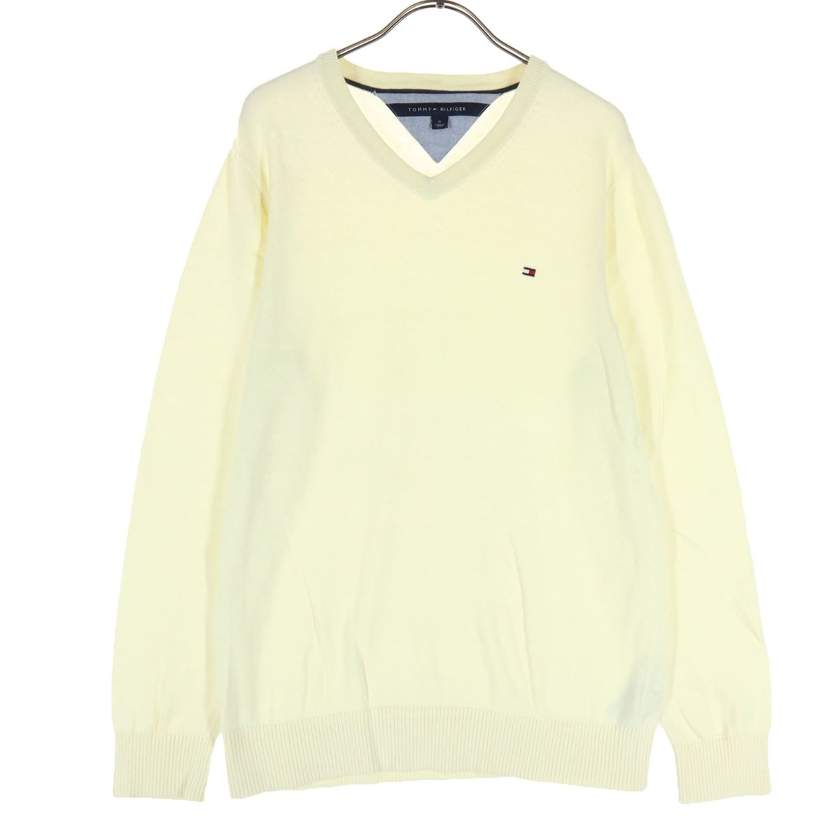 TOMMY HILFIGER トミーヒルフィガー コットン ワンポイントロゴ 長袖 Vネック セーター M オフホワイト系