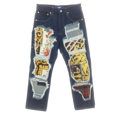 【中古】ジュンヤワタナベ マン JUNYA WATANABE MAN 2025年春夏 シルクスカーフ パッチワーク デニムパンツ ジーンズ ネイビー【サイズXS】【メンズ】