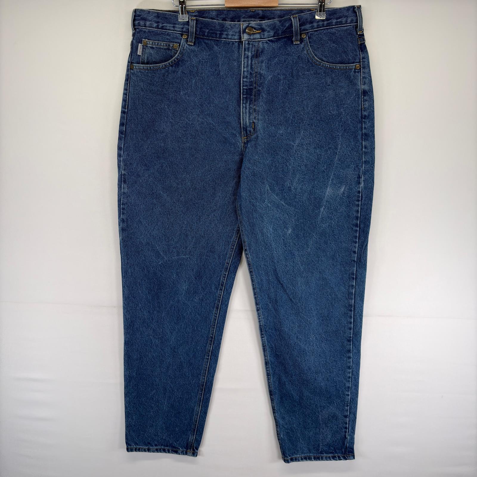 古着 カーハート Carhartt デニム パンツ 5ポケット ワンポイントロゴ ジッパーフライ ジーンズ ジーパン W42 L34  ブルー系 メンズ